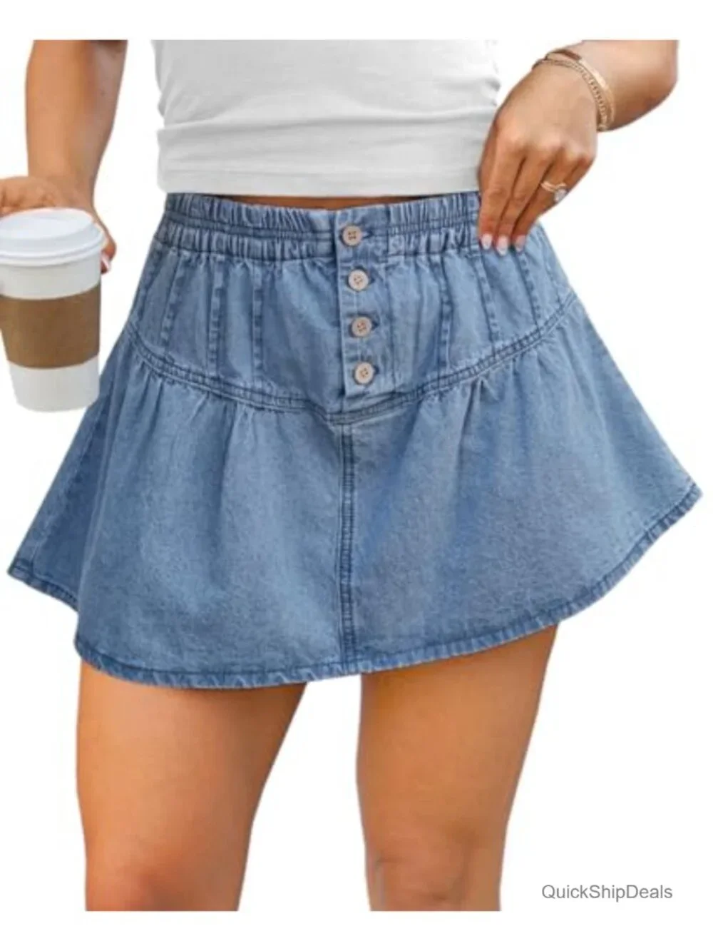 High Waisted Denim Skort with Built-in Shorts, A-Line Flowy Mini Skirt, Cotton